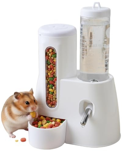Mangiatoia e Abbeveratoio Automatici per Criceti, 2 In 1, Bottiglia D'acqua Bianca da 125 ml, Adatta per Cincillà, Porcellini D'India, Ratti, Nani, Gerbilli e Altri Piccoli Animali, 13.4x18.8x16.6 cm