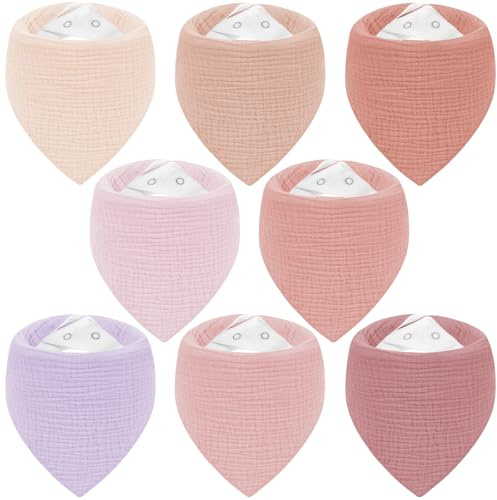 Yukkidds Muslin Bibs 8 Pack Bandana Dribble Bibs 100% Cotton for Teething, Adjustable Snap Drool Bibs for Newborn&Baby Boys Girls 0-36 Months Purple&Pink