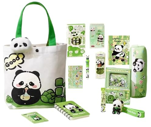 Söta set: pandapennfodral med magnetiskt bokmärke, canvasväska, Kawaii skolmaterial | grundläggande studie ryggsäck för barn resor flickor pojkar skola