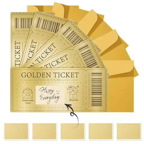 Golden Ticket Scratch-off, 5 Pcs Personalised Scratch Card for Writing Your Own, Scratch Card Reveal with Envelopes, Surprise Concert Ticket Reveal for Birthday Christmas Cards friends