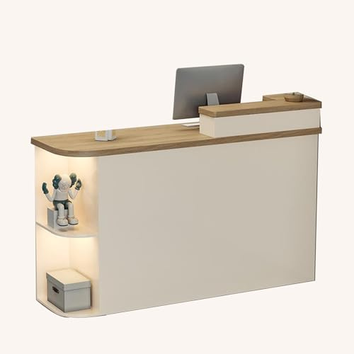 Professionell receptionsdisk - Stora öppna fack + lådor och skåp | for företag, hotell, kaféer(Dark wood color - right,80cm)