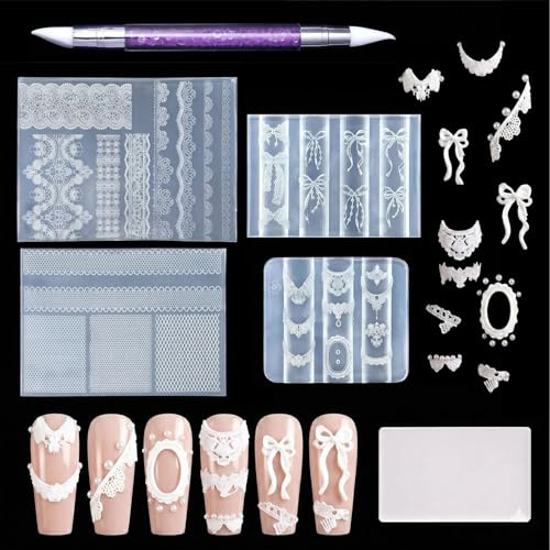 Zosutetoxo Nails Mold, 4 Piece Nail Stamping Design Set With 3D Gel Nail Art Silicone Mold Tips, Stamping Templates For Nails