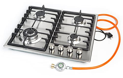 Gaskochfeld 4 flammig Edelstahl/Gaskocher Einbauherd f. Propangas + Gusstopfträger - massive Brennerdeckel (Kocher Gasherd, Campingkocher, Camping Kocher 50 mbar)