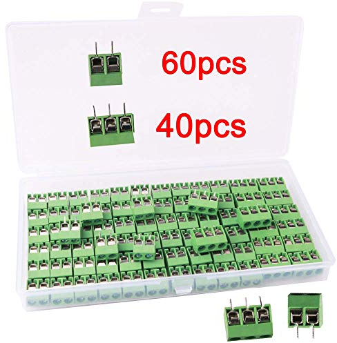RUNCCI-YUN 2 Pin/3 Pin Screw Terminal Block for PCB 300V 10A 5mm Pitch 60 PCS (2 Pin-60 PCS, 3 Pin-40 PCS)