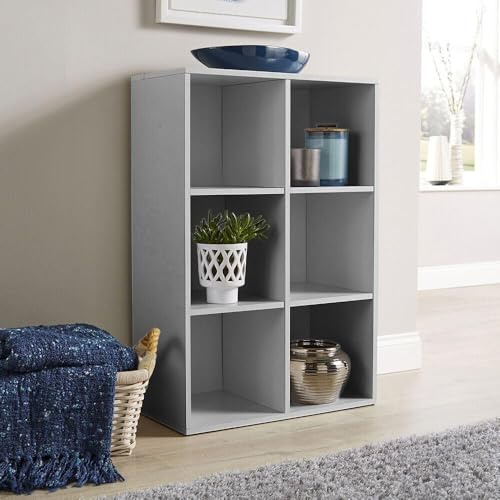 Home Source Storage Cube 6 Shelf Bookcase Wooden Display Unit, Grey, 90cm