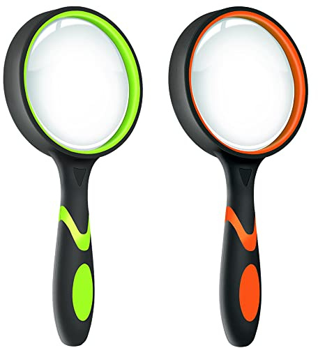Leffis 2 Pack 10X Magnifying Glass for Seniors & Kids, Non-Slip Handheld Magnifier for Reading, 75mm Magnify Glasses Lens for Close Work, and Hobby Observation Green and Orange