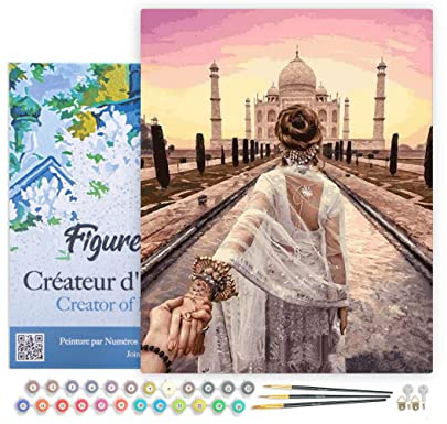 Figured'Art Peinture par Numéro Adulte avec Cadre Balade Romantique Taj Mahal - Activité Manuelle Kit de Loisir Créatif DIY Numéro d'Art Complet - 40x50cm toile tendue sur châssis