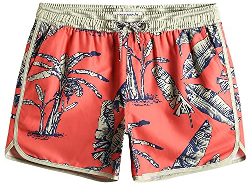 MaaMgic Herren Badeshorts Vintage Retro Boardshorts Schnelltrocknend Kurz Badehose Schwimmhose mit Mesh-Futter und Verstellbarem Tunnelzug， Orange Bananenbaum， XL