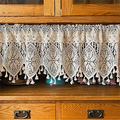 CULASIGN Country House Style Short Curtain, Hollow Embroidery Beige Curtains, Vintage Lace Crochet Curtain, Bistro Curtain, Retro Elegant Café Short Curtain (Size: W 150 x H 38 cm)