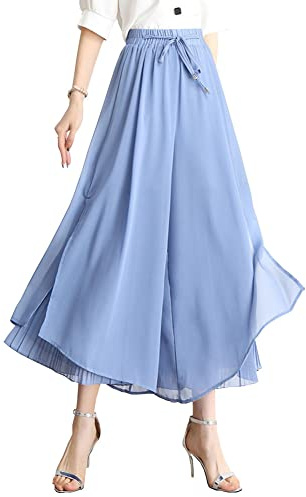 chouyatou Women's Chiffon Wide Leg Pants High Waist Pleated Culotte Palazzo Pants Side Slit (Medium, Blue)