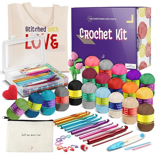 Hearth & Harbor 43-teiliges kleines Häkelset für Anfänger, Erwachsene und Kinder, mit 9 Häkelnadel-Set und 50.29 Meter Garn zum Häkeln, Segeltuch-Tragetasche und vielem mehr