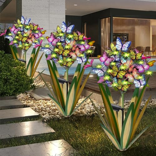 Homight Solar Metal Agave Butterfly Flower Stick Garden Sculpture Outdoor Gift Solar Garden Christmas Lights Swaying Butterfly Sunflower Garden Lights Solar Outdoor Statues (3 PCS Light Green)