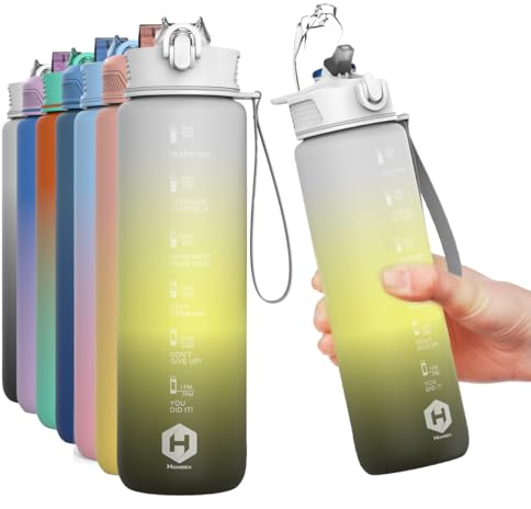 HOMEEX Motivational Fitness Sport Water Bottles with Straw & Time Maker, BPA-free Plastic Drink Bottle 1l Design for Girls, Boy Running,cycling (Grey Yellow & Black (Grey Yellow & black-9, 1000ML)