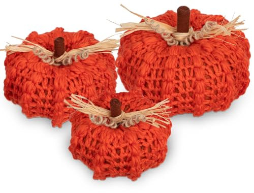Hollyone Decorazioni autunnali 3 zucche artificiali grandi, 17,8 cm, 17,8 cm/14,9 cm, rosse e arancioni, zucche finte all'uncinetto, ornamenti di Halloween per interni per la decorazione della casa