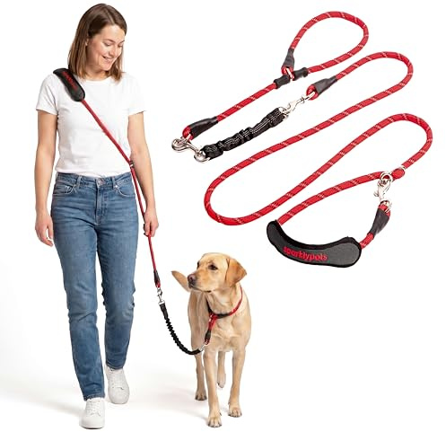 SparklyPets Correa elástica Multifuncional Manos Libres con Correa Deslizante Desmontable, Correa Cruzada y Cintura para pasear Perros, Razas Medianas y Grandes (Rojo)