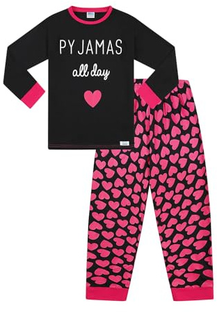 ThePyjamaFactory Girls Pyjamas All Day Heart Pink Black Cotton Long Pyjamas (10-11 Years)