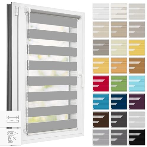 Estika Doppelrollo Klemmfix ohne Bohren, Breite alle 1 cm - 37 cm x 120 cm - Grau - Tag und Nacht Duo Rollo, Rollos für Fenster ohne Bohren, Fenster Sichtschutz
