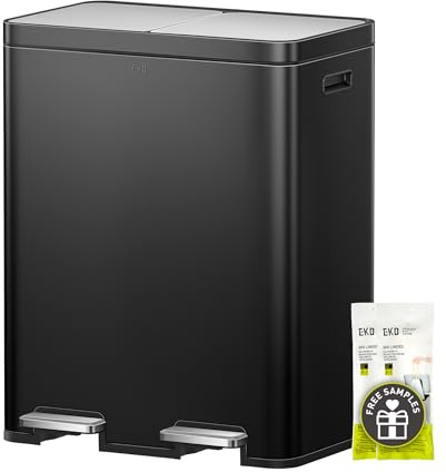 EKO Edison Papperskorg 2 fack, 2 x 30 l, pedalhink kök med dubbel innerhink, inklusive 20 soppåsar, avfallssepareringssystem med stor kapacitet, mjukt stängningslock, fingeravtrycksfritt, matt svart