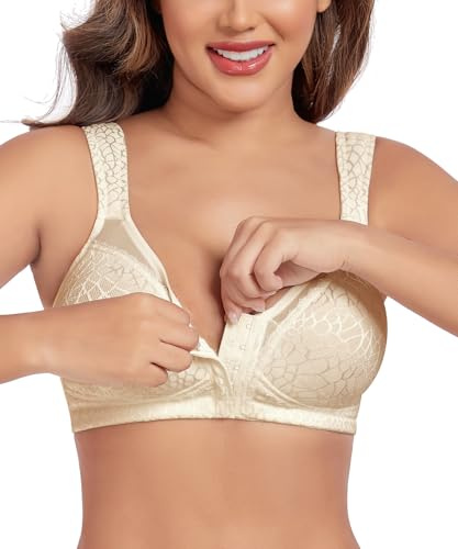 Curyon Sujetador Reductor para Mujer Sin Varilla Cierre Frontal Tallas Grandes Sostenimiento Fuerte Copa Completa Sin Relleno Espalda en X Diseño Clásico Beige 110B