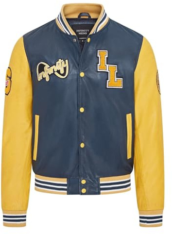 Chaqueta bomber Letterman de cuero amarillo azul béisbol para hombre