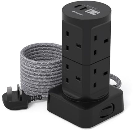 Tower Extension Lead with USB Slots, (13A 3250W), 8 Way Multi Plug Extension Tower & 4 USB Ports (2 Type C), 1.8M Extension Cable, Extension Lead tower for Home Office School Supplies (Black)
