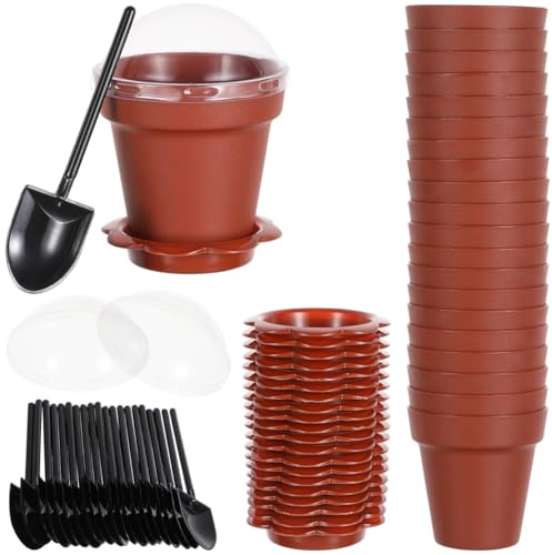 IMIKEYA 20pcs Flower Pot Cupcake Cups with Lid Tray Shovel Spoon Plastic Dessert Containers for Ice Cream Yogurt Mousse for Parties and Events