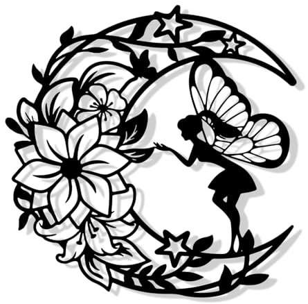 YunBey Decorazioni di Metallo Decorazione da Parete Fata a Fiore di Luna Scultura da Parete Floreale Decorative in Metallo per Stanza della Ragazza Soggiorno (30 x 30 CM)