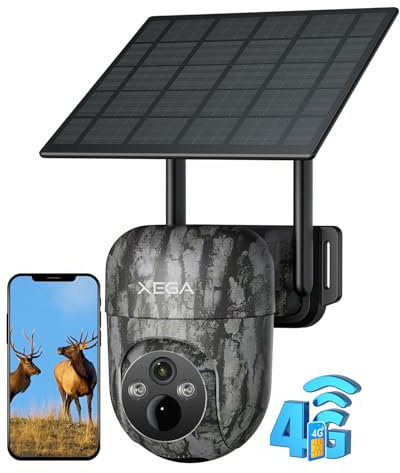 Xega 4G Fototrappola Con Sim Solare Senza Fili, 2K PTZ Telecamera con Batteria e Pannello Solare, Rilevamento Personalizzato,Proiettore/Allarme,Notifiche App Istantanee,IP66 Per Animali (Senza WiFi)