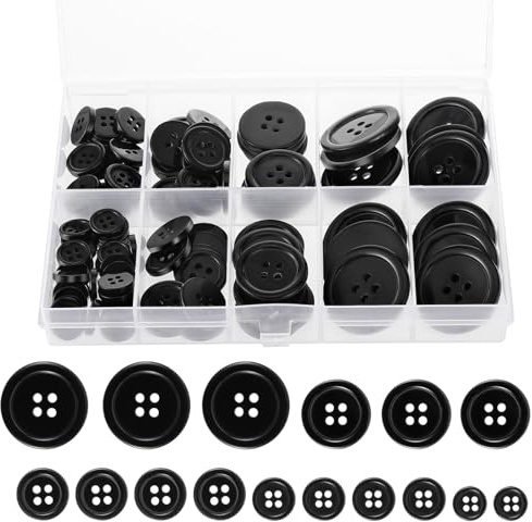 100 botones, botones redondos negros, botones de resina de 4 agujeros, botones de costura mixtos de 5 tamaños con caja de almacenamiento, adecuados para coser trajes, abrigos, camisas y decoración de