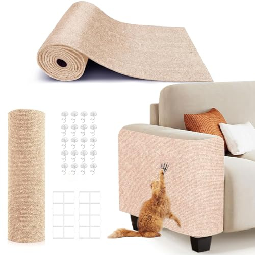 78.7X15.8 Self-Adhesive Cat Scratching Mat - Durable Couch Protector from Cat Claws, DIY Furniture Protector from Cats Scratching, Sticky cat Scratch Wall mat- No Residue, Safe for Cats (Beige)