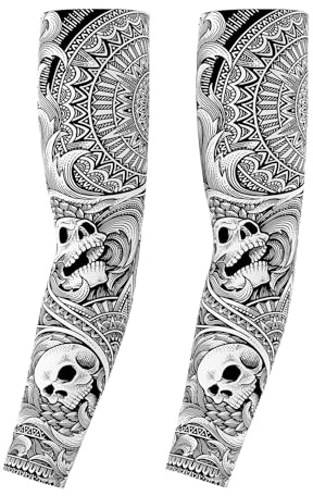 Manchons de bras de tatouage en forme de tête de mort – Manchons de compression anti-UV pour homme et femme, aspect tatouage réaliste, UPF 50+, tissu respirant et doux