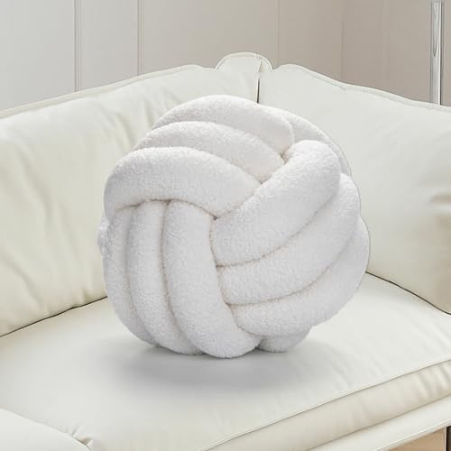 GOEDCH Knotenkissen: Beige Weiß Knotenkugelkissen, 22cm Rund Lammwolle Knotenkissen, Weicher Knotbugelwurf Kissen, Dekorative Geknotete Kugel Wurf Kissen für Bett, Schlafzimmer, Sofa, Büro, Auto