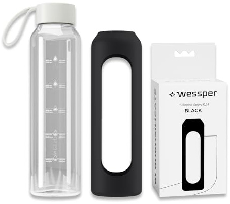 Wessper glasflaska med silikonhölje, borosilikatglasflaska med tidsangivelse 500 ml, sportflaska Perfekt för träning, skola, sport, barn, BPA-fri drickmotivation– Svart