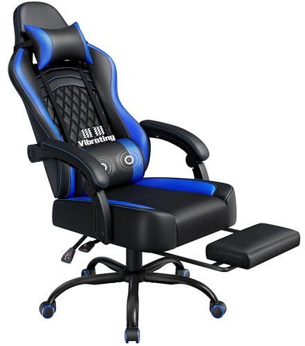 Yaheetech Silla Gaming con Respaldo Alto Almohada Lumbar de Masaje Silla de Escritorio Ergonómica Ajustable en Altura con Reposacabezas Extraíble Reposapiés Función de Inclinación Negro/Azul