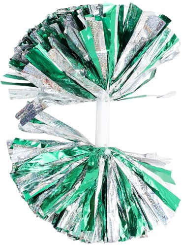Toyvian Pom Pom Metallici con Manico Grande per Cheerleading e Squadre di Tifo Accessorio Brillante e Resistente per Squadre Sportive e Feste Verde Metallico e Argento Laser per