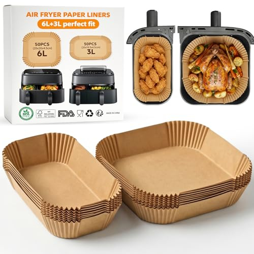 Airfryer Bakplåtspapper för Philips Dual Airfryer 3000/5000 Series NA350 NA352 NA550 9L(6L/3L) Tefal 8,3L(5,2L/3,1L), HONYAO 100 Stycken Bakpapper Tillbehör Bakplåtspapper för Varmluftsfritös
