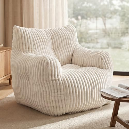 DEKKETO Fauteuil Pouf en Velours Côtelé, Canapé Pouf sans Montage, Beige | Pouf Poire Pré-rempli de Mousse à Mémoire de Forme, Confort Cocooning, pour Salon et Chambre, Adultes & Enfants