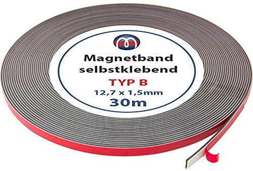 Magnetband Magnetstreifen selbstklebend mit Schaumstoff-Kleber - Magnetisierung TYP B, anisotrop - 1,5mm x 12,7mm x 30m