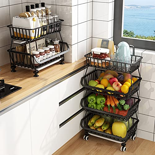 KOLENSA - Cestas de Alambre de Metal con Ruedas, contenedores de Almacenamiento apilables, Estante Organizador de Cocina, 3-4-5-6 Niveles, Carrito de Frutas y Verduras, Platos, estantes de Temporada