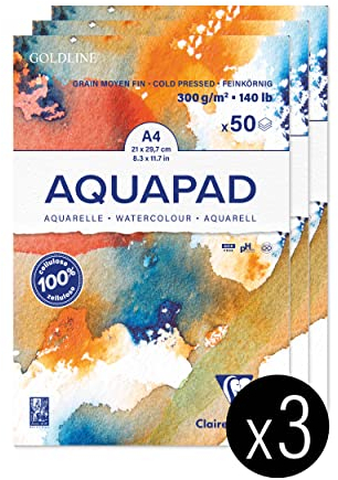 Clairefontaine 975721C - Packung mit 3 Aquarellblöcken Goldline Aquapad A4 geleimt, 50 Blatt weiß 300g, mittlere Körnung, 1 Pack