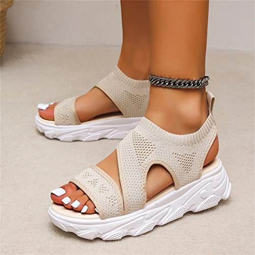 Sandali Sportivi con Plateau Casual da Donna Comodi Sandali in Mesh Elasticizzati Sandali Punta Aperta Traspiranti Estivi Scarpe da Passeggio Antiscivolo,Beige,US7/EU38