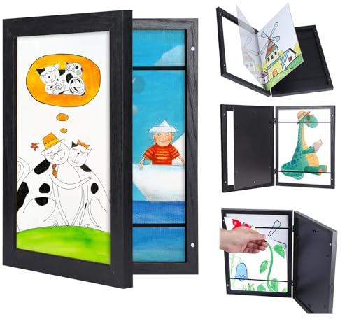 Giftgarden Bilderrahmen Kinderzeichnungen A4 Schwarz – Wechselrahmen Holz mit Frontöffnung, Kinder Kunstrahmen für bis zu 150 Kunstwerke und Zeichnungen – Geschenk