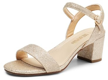 DREAM PAIRS Women's Low Heels Block Open Toe Ankle Strap Classic Short Chunky Sandals with Buckle for Daily Work Wedding Party,Size 8,Gold-Glitter,SDHS2412W