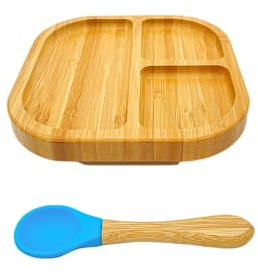 Bambusglück - Kinderteller aus Bambus mit Saugnapf - BLAU - Baby Teller mit Saugnapf für Kleinkinder & Babys zum Essen lernen - Kinderteller mit Saugnapf aus nachhaltigem Rohstoff - Bambus Babyteller