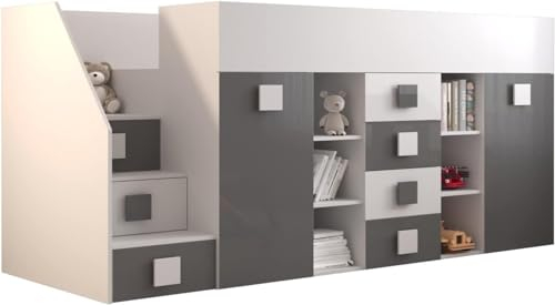 MEBLE KRYSPOL Toledo 3 Hochbett für Kinder, Jugendliche mit Stauraum - Etagenbett mit Schreibtisch, Kleiderschrank, Regal, Schubladen, Treppe - 248,5x93x123 cm - Weiß, Grau, Weiß + Grau