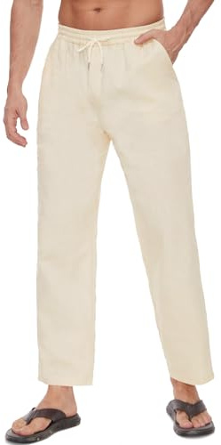 CheChury Pantalon Lino Hombre Verano Largo Pantalones Casual Bolsillos Laterales Cintura Elástica con Cordón Playa Yoga Pantalon Anchos Ligeros Pantalones de Lino para Hombre para la Playa