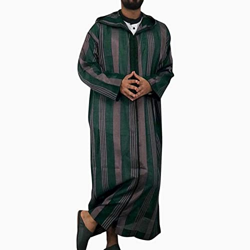 KBOPLEMQ Caftán Hombre Ropa Islámica Hombre Vestido a Rayas Tóbo con Capucha Manga Larga Batas Musulmanas Dubai Abrigo Largo Invierno Dubai Robe Verde Ropa de oración para Hombres, O Verde, XL