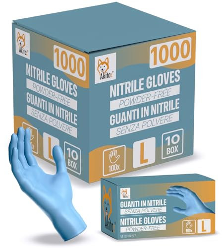 AKITAInk Guanti in Nitrile Blu senza polvere, senza lattice - Ipoallergenici, Resistenti, Ideali per Ambiti Medici e Alimentari per Estetisti, Tatuatori, Ambiti Medici, guanti per alimenti (1000, L)