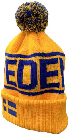 Sverige kläder Berretto Invernale con Pompon Svezia – Cappello in Maglia Giallo e Blu con Bandiera Svedese Ricamata – Berretto Caldo Stile Retro, Unisex, Taglia Unica per Clima Freddo