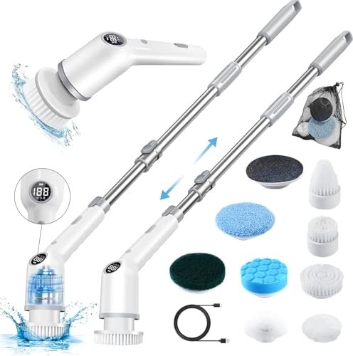 Elektrische Reinigungsbürste, 3 Geschwindigkeiten Reinigungsbürste Elektrisch mit 9 Bürsten, Verstellbarer Griff, IPX8 Kabellos Fugenreiniger Elektrisch für Bad, Küche, Boden, Auto